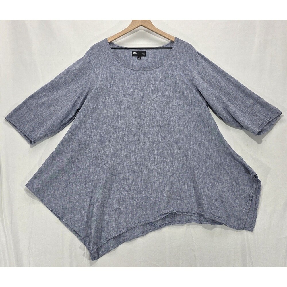 Jones New York Tunic Top 1X Blue Linen Cotton Lagenlook Asymmetrical Coastal Art